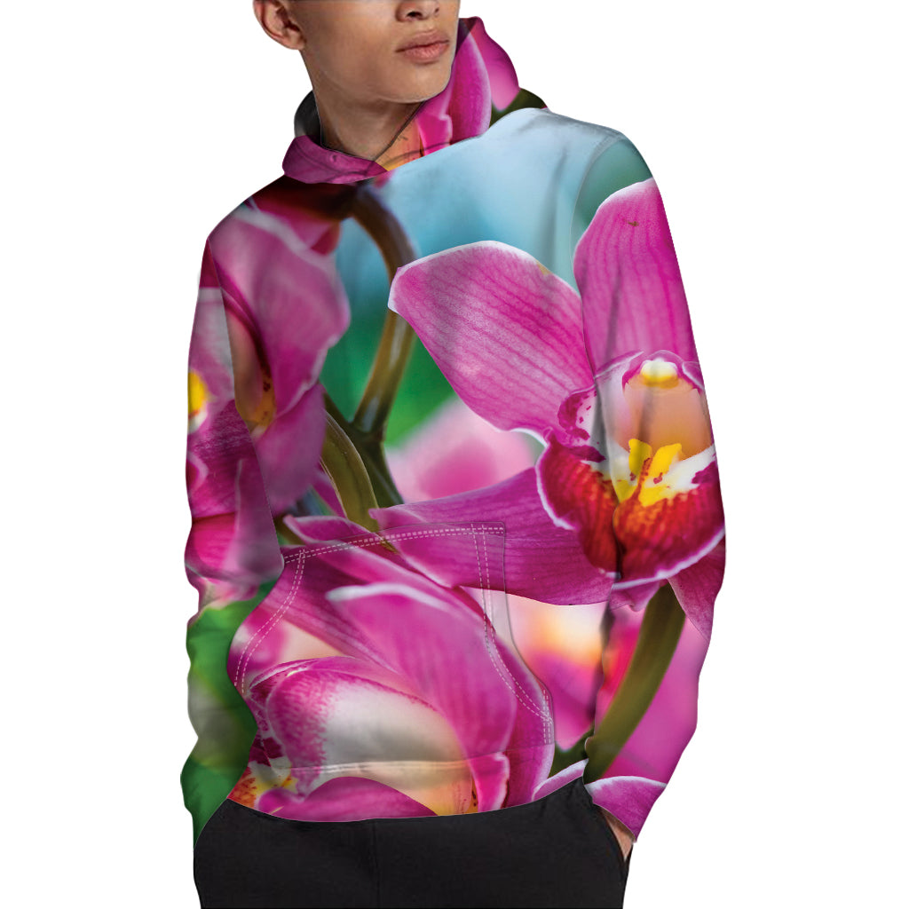 Pink Orchid Flower Print Pullover Hoodie