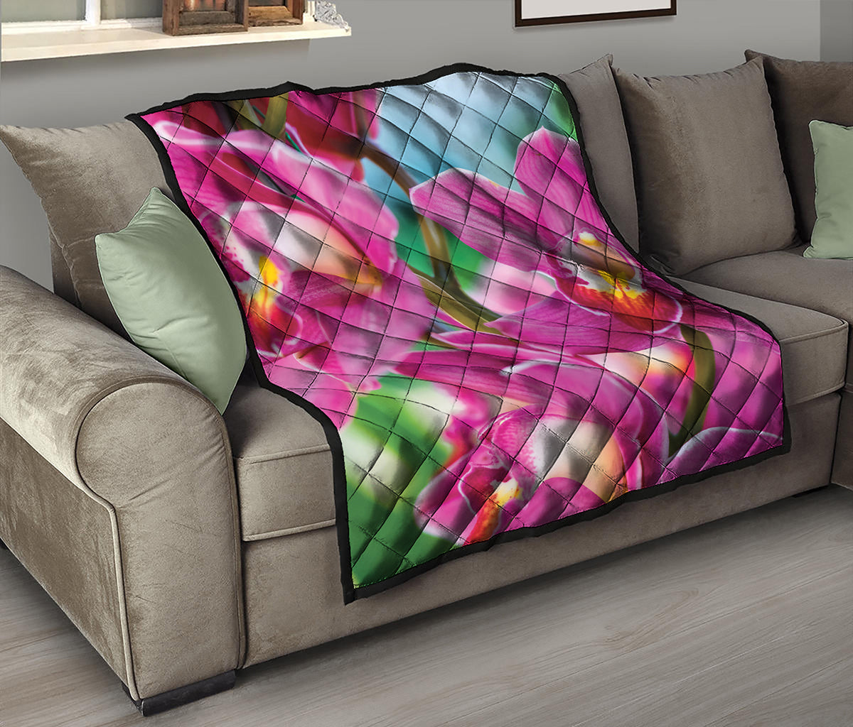 Pink Orchid Flower Print Quilt