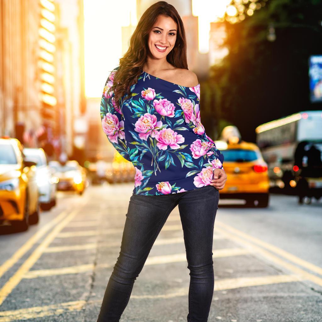 Pink Peony Floral Flower Pattern Print Off Shoulder Sweatshirt GearFrost