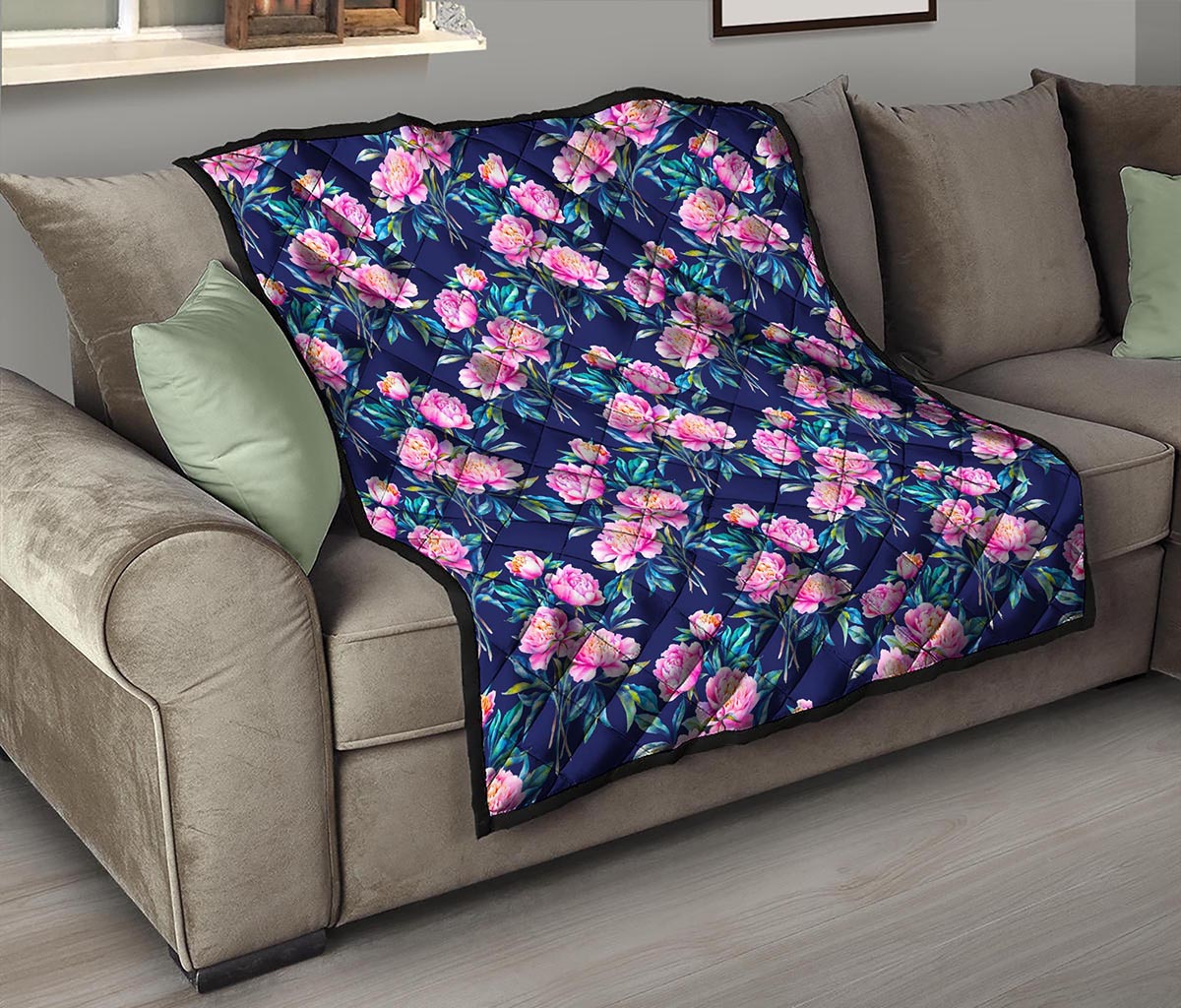 Pink Peony Floral Flower Pattern Print Quilt