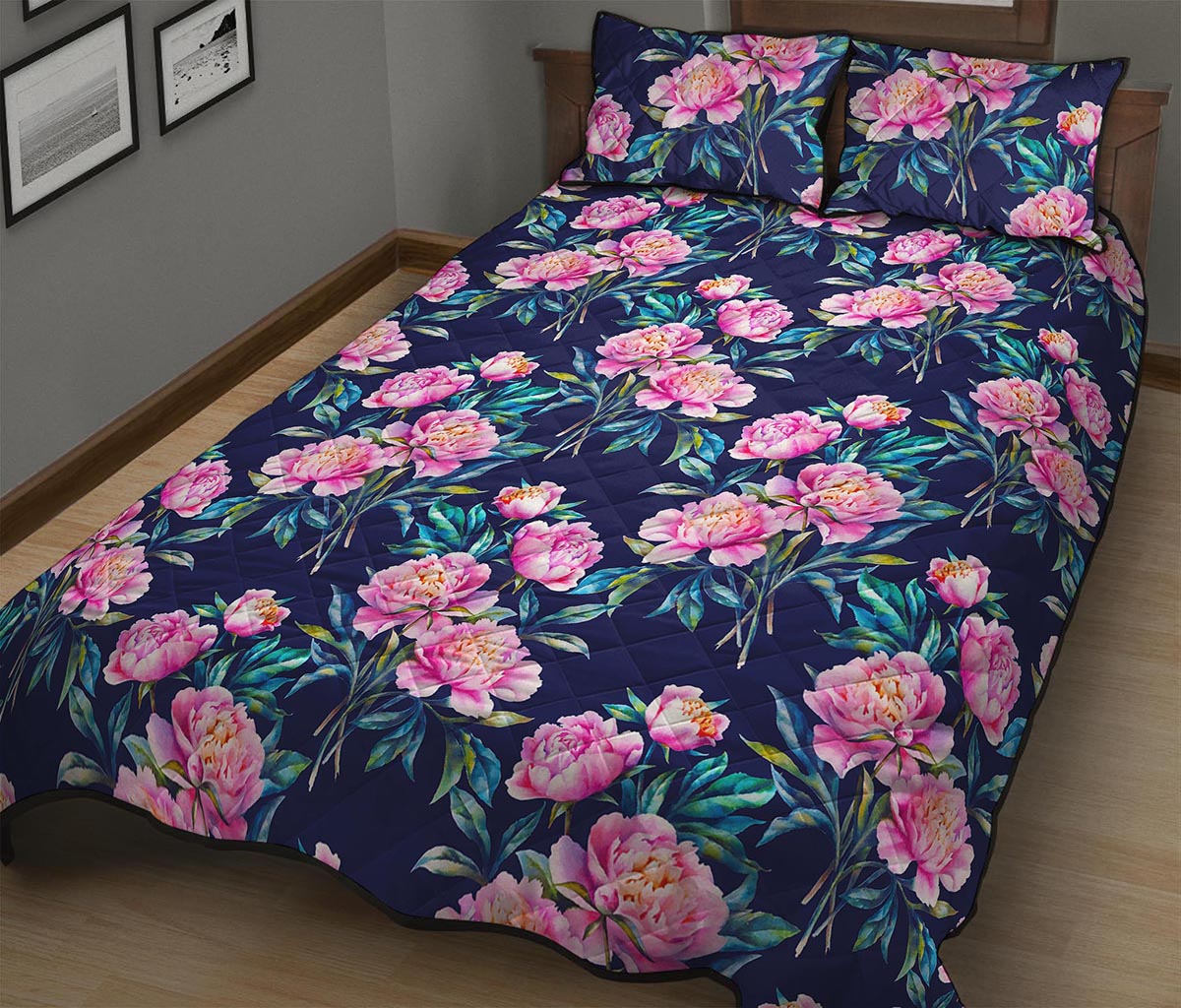 Pink Peony Floral Flower Pattern Print Quilt Bed Set