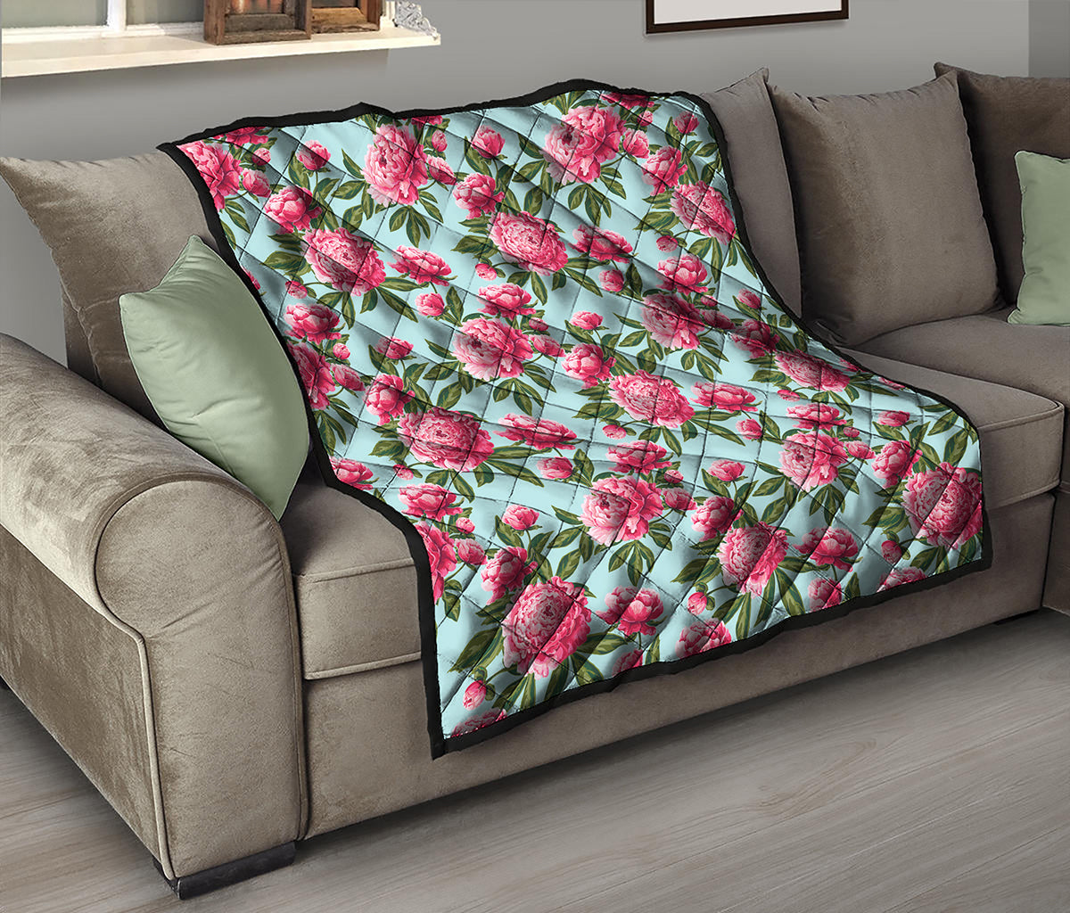 Pink Peony Pattern Print Quilt