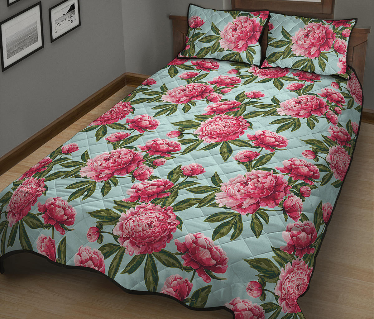 Pink Peony Pattern Print Quilt Bed Set