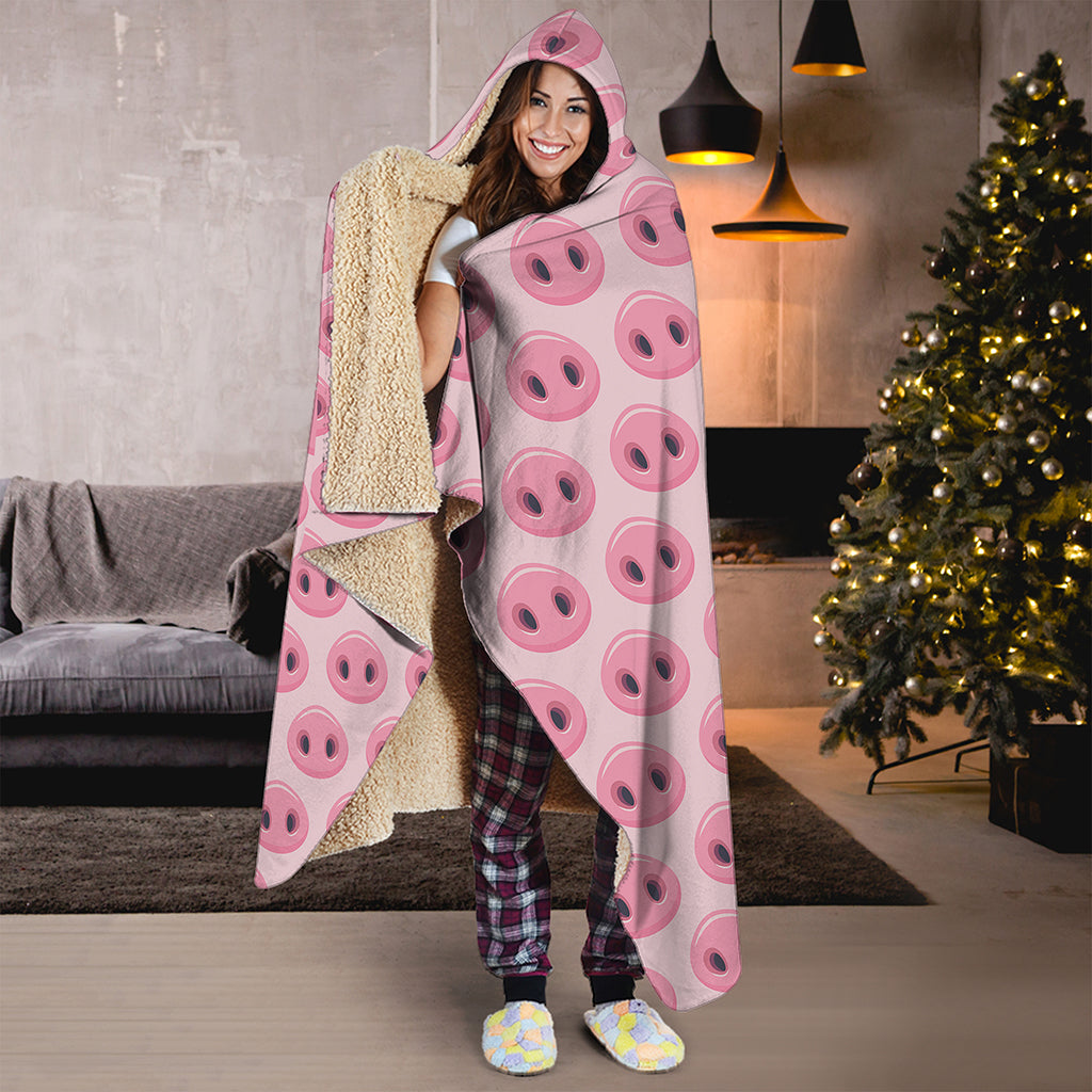 Pink Pig Nose Pattern Print Hooded Blanket