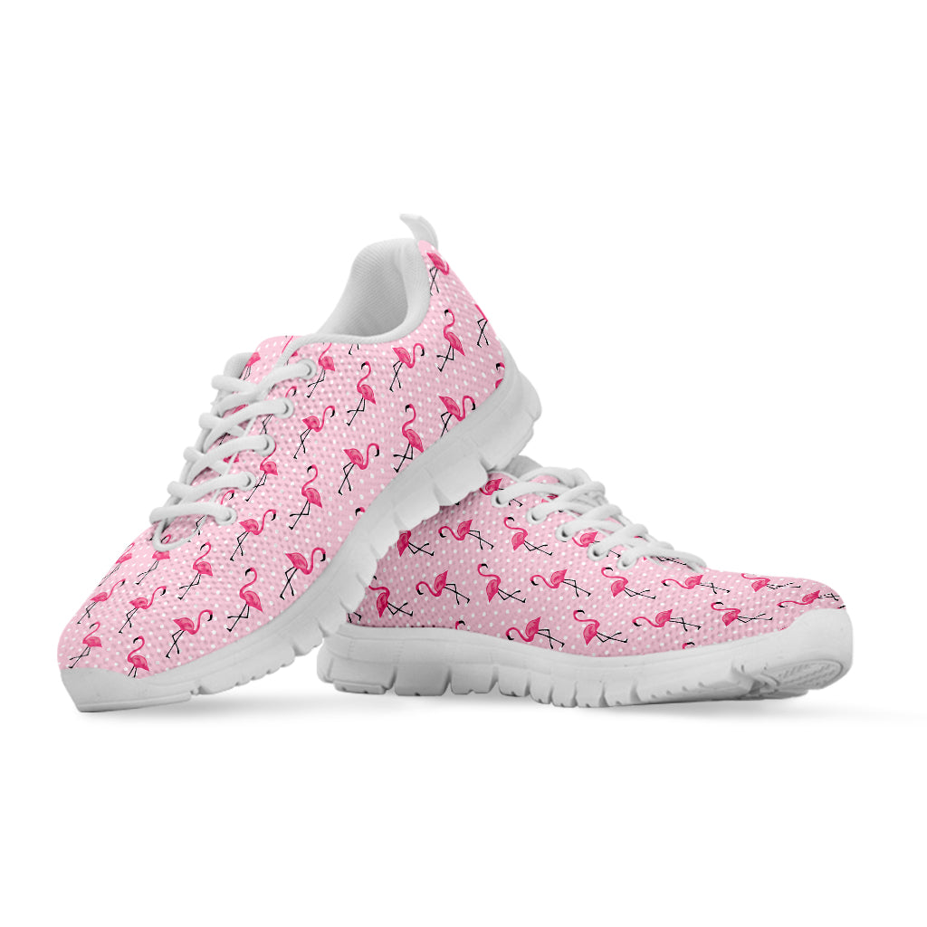 Pink Polka Dot Flamingo Pattern Print White Sneakers