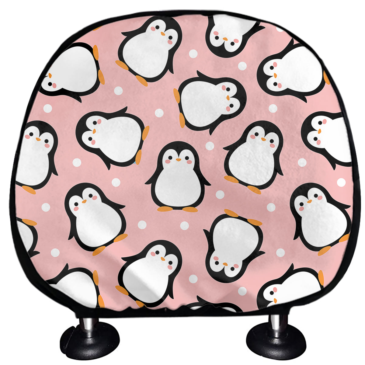 Pink Polka Dot Penguin Pattern Print Car Headrest Covers