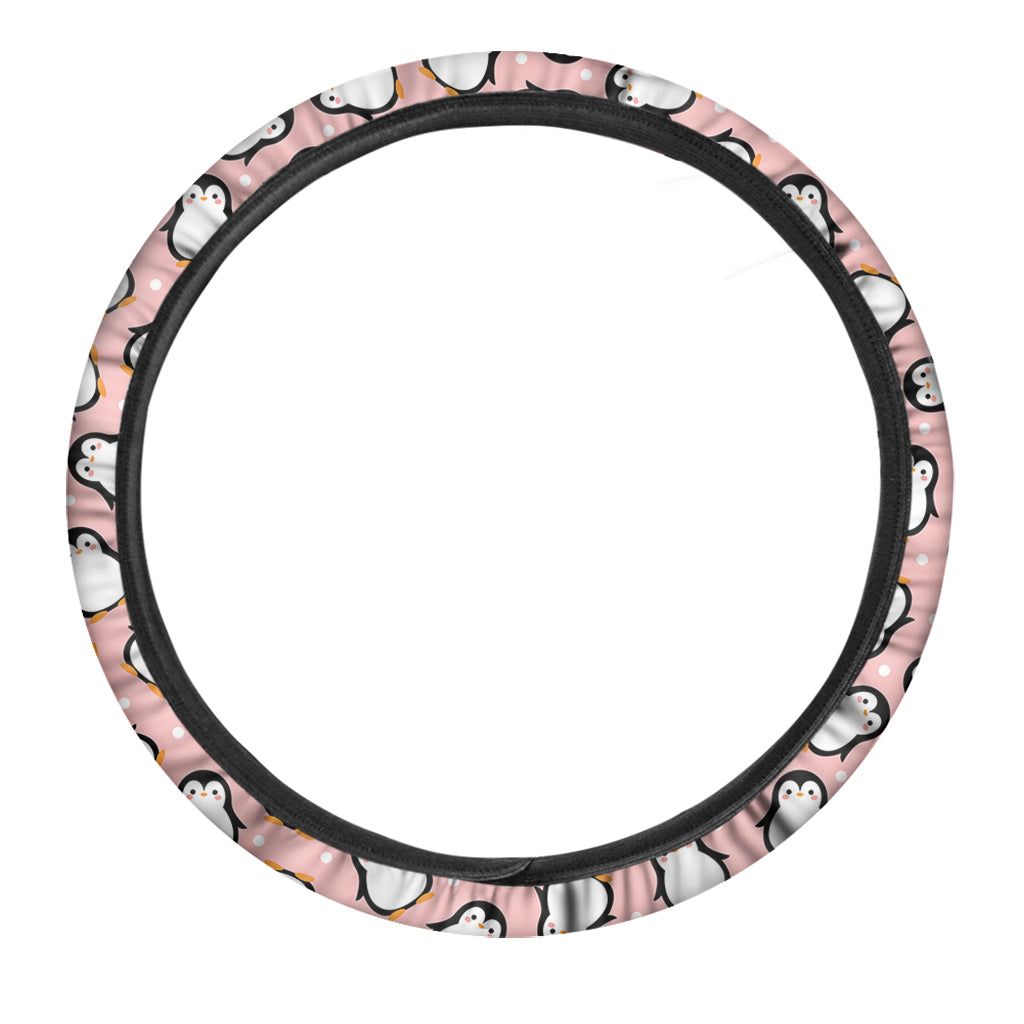 Pink Polka Dot Penguin Pattern Print Car Steering Wheel Cover