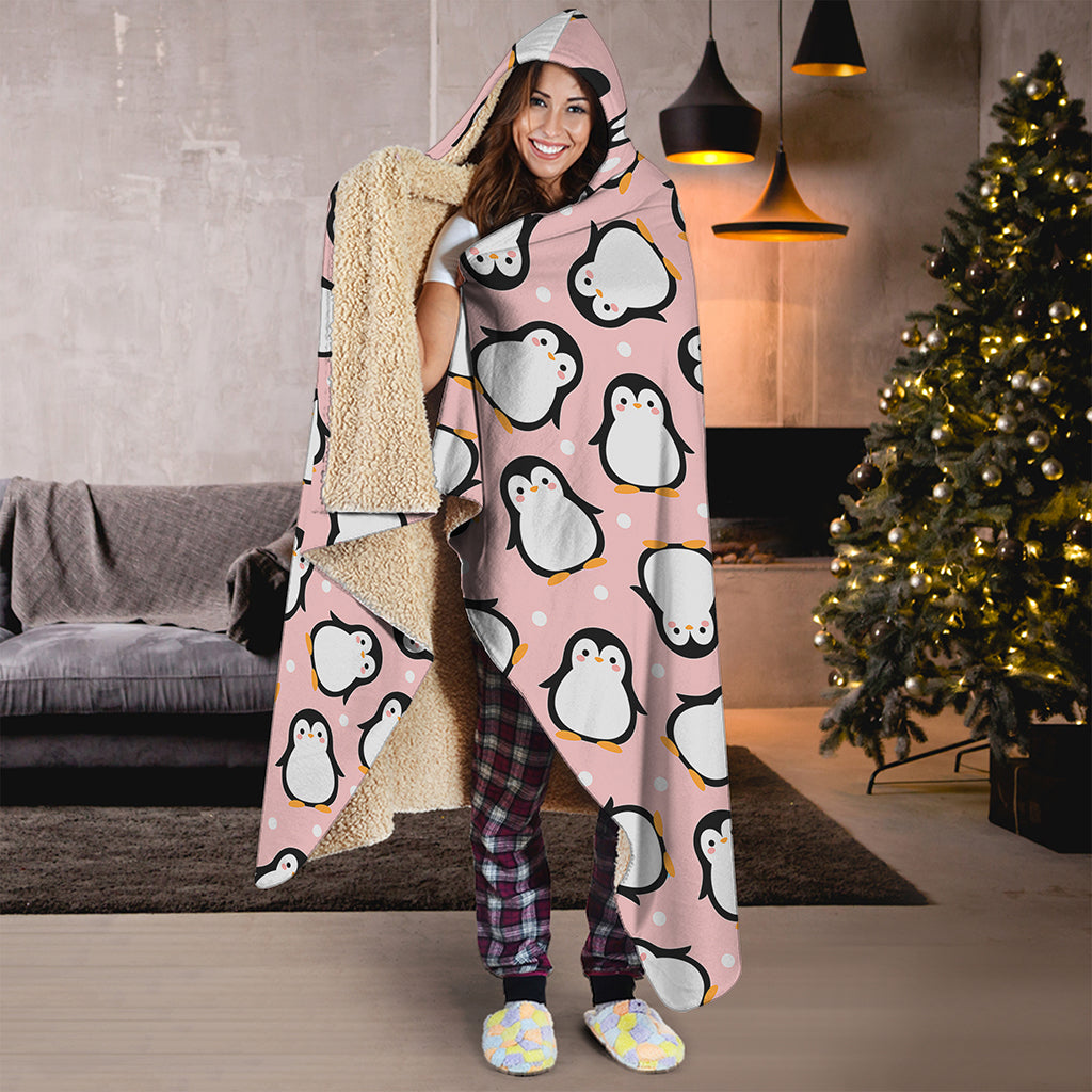 Pink Polka Dot Penguin Pattern Print Hooded Blanket