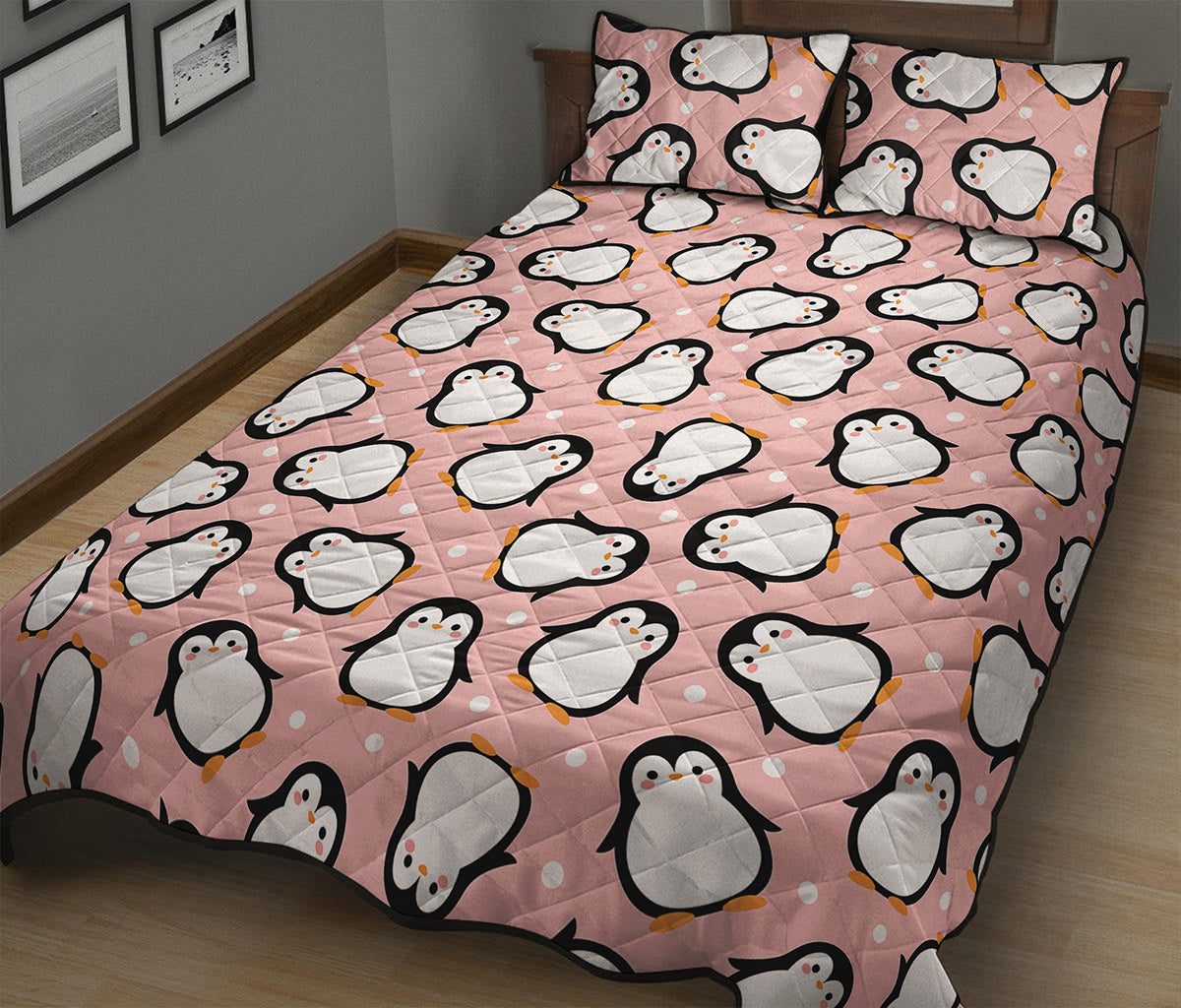 Pink Polka Dot Penguin Pattern Print Quilt Bed Set