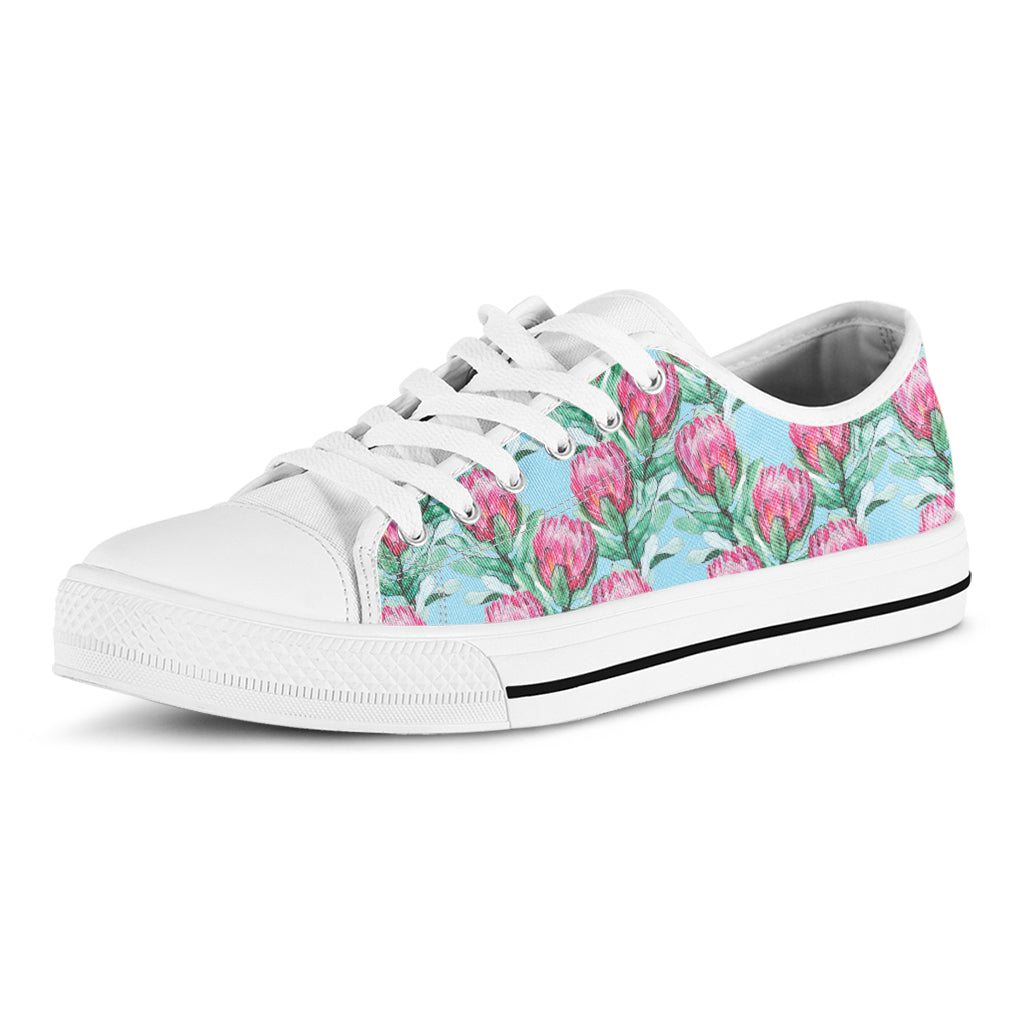 Pink Protea Pattern Print White Low Top Shoes
