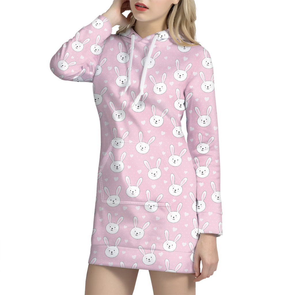 Pink Rabbit Pattern Print Hoodie Dress