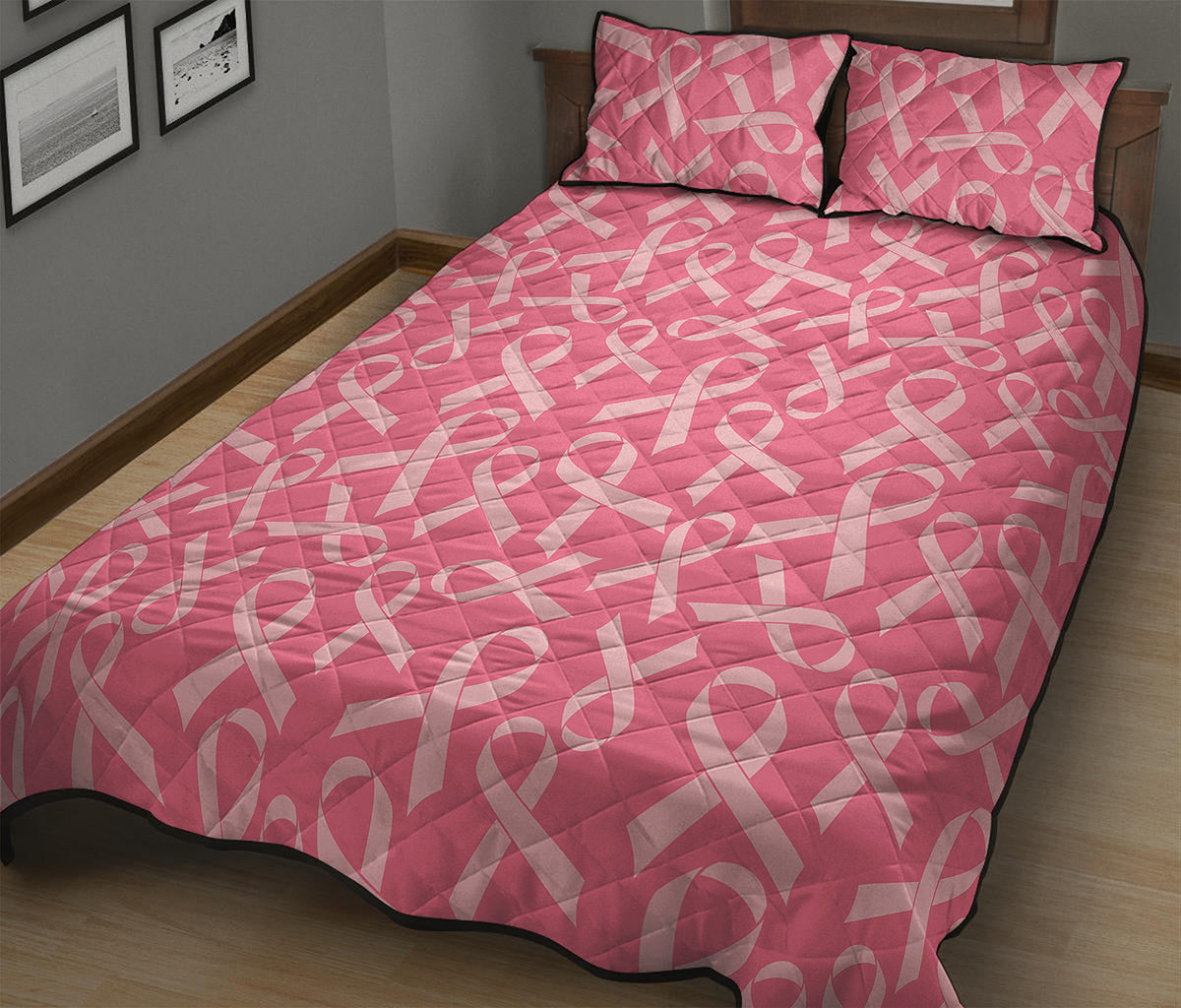 Pink Ribbon Breast Cancer Pattern Print Quilt Bed Set