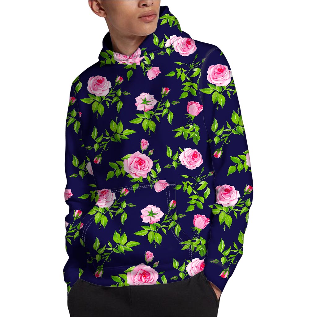Pink Rose Floral Flower Pattern Print Pullover Hoodie