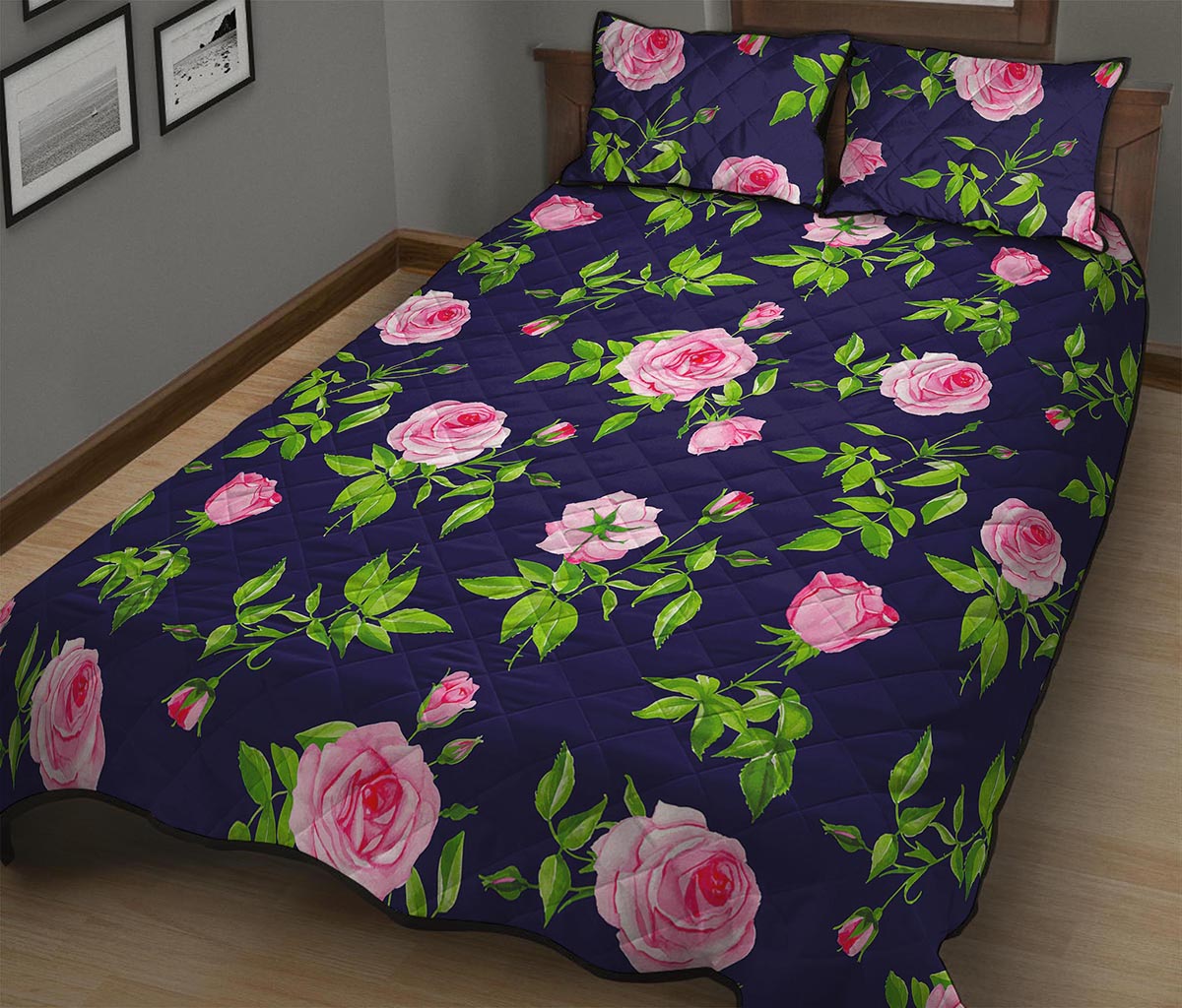 Pink Rose Floral Flower Pattern Print Quilt Bed Set