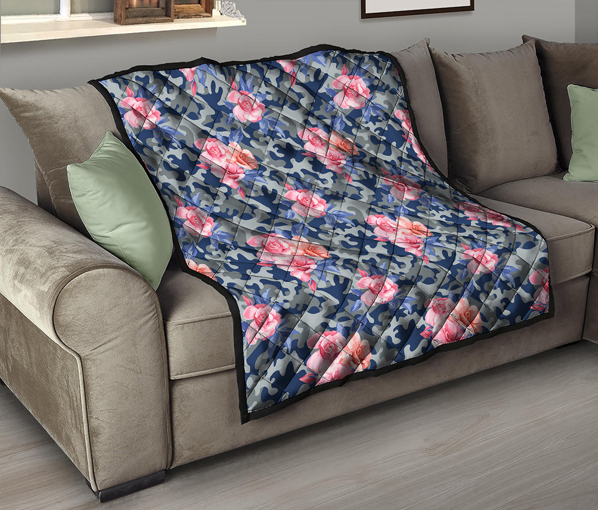 Pink Rose Flower Camouflage Print Quilt