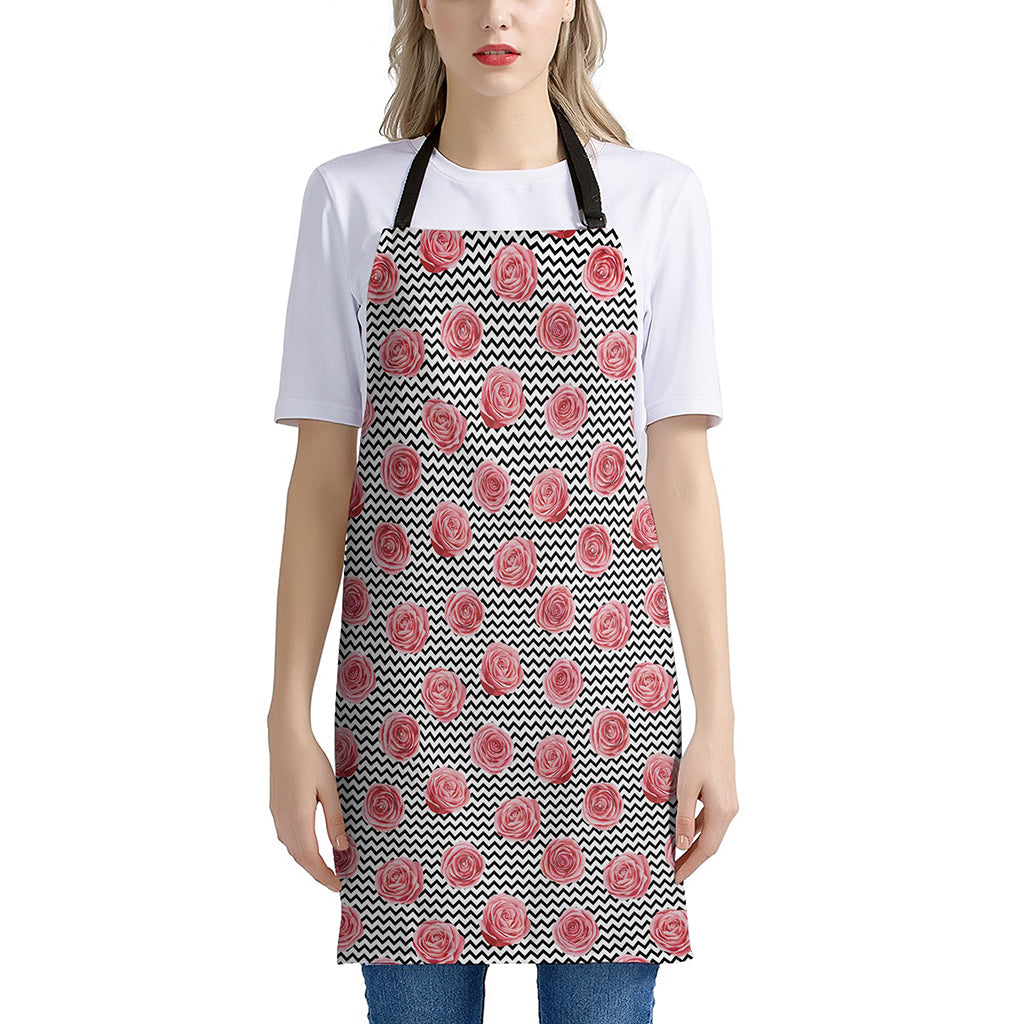 Pink Rose Zigzag Pattern Print Apron