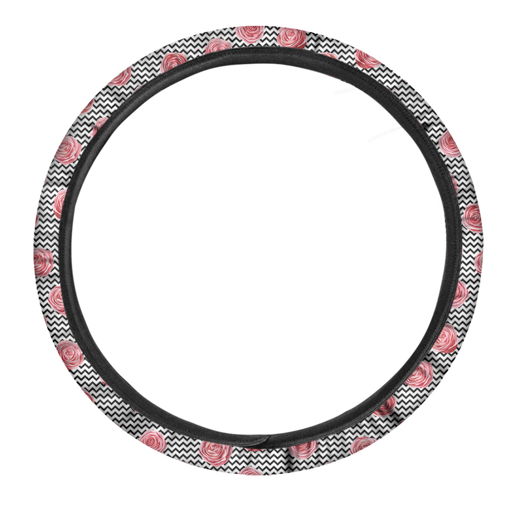 Pink Rose Zigzag Pattern Print Car Steering Wheel Cover