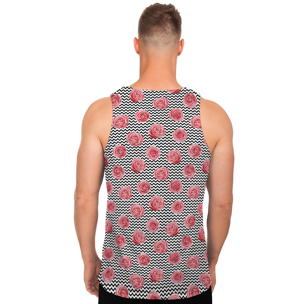 Pink Rose Zigzag Pattern Print Men's Tank Top