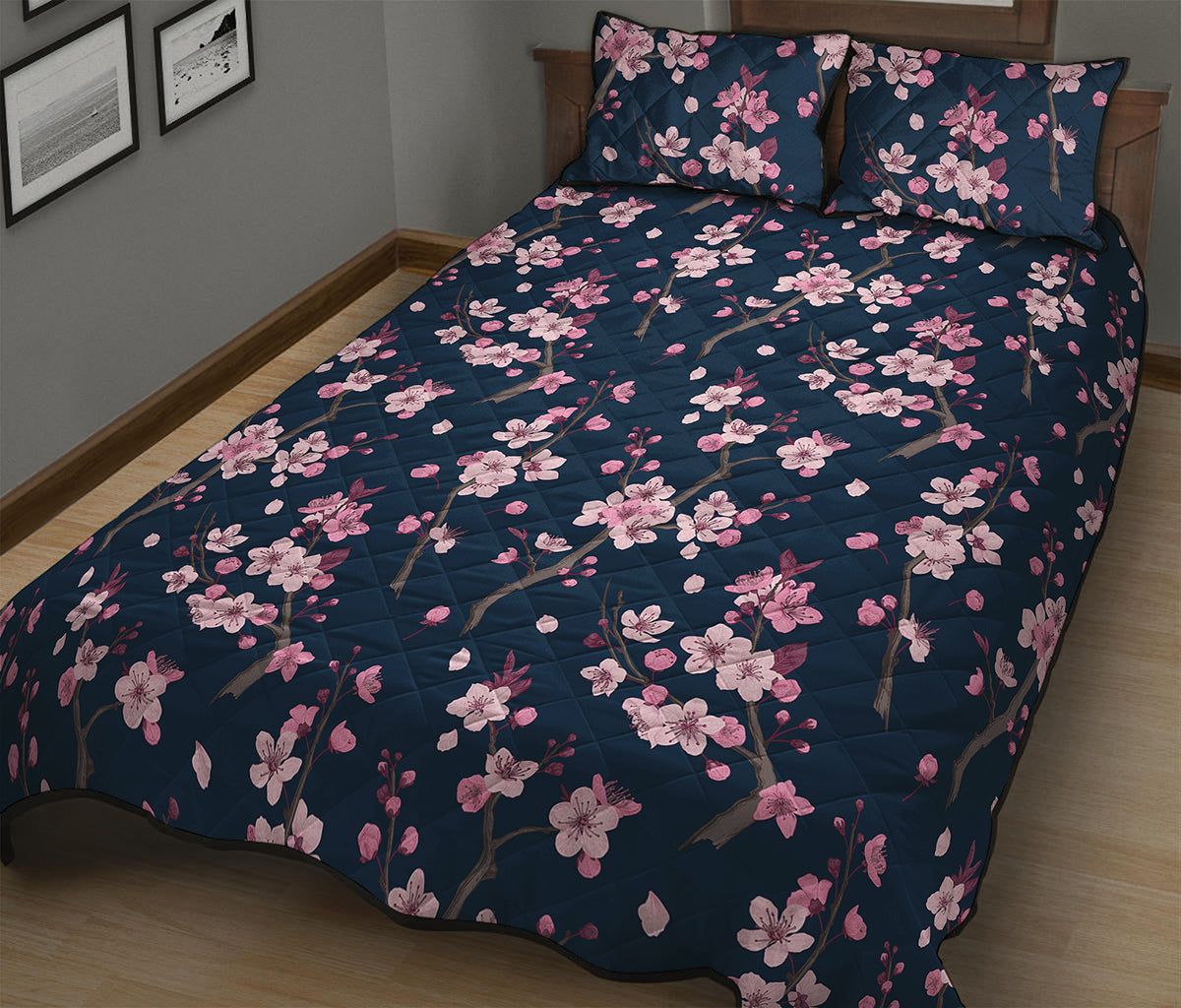Pink Sakura Cherry Blossom Pattern Print Quilt Bed Set