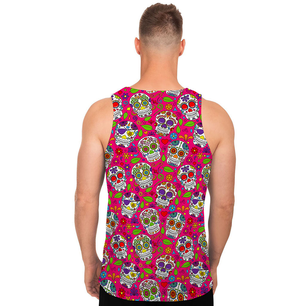 Pink Sugar Skull Pattern Print Men's Tank Top