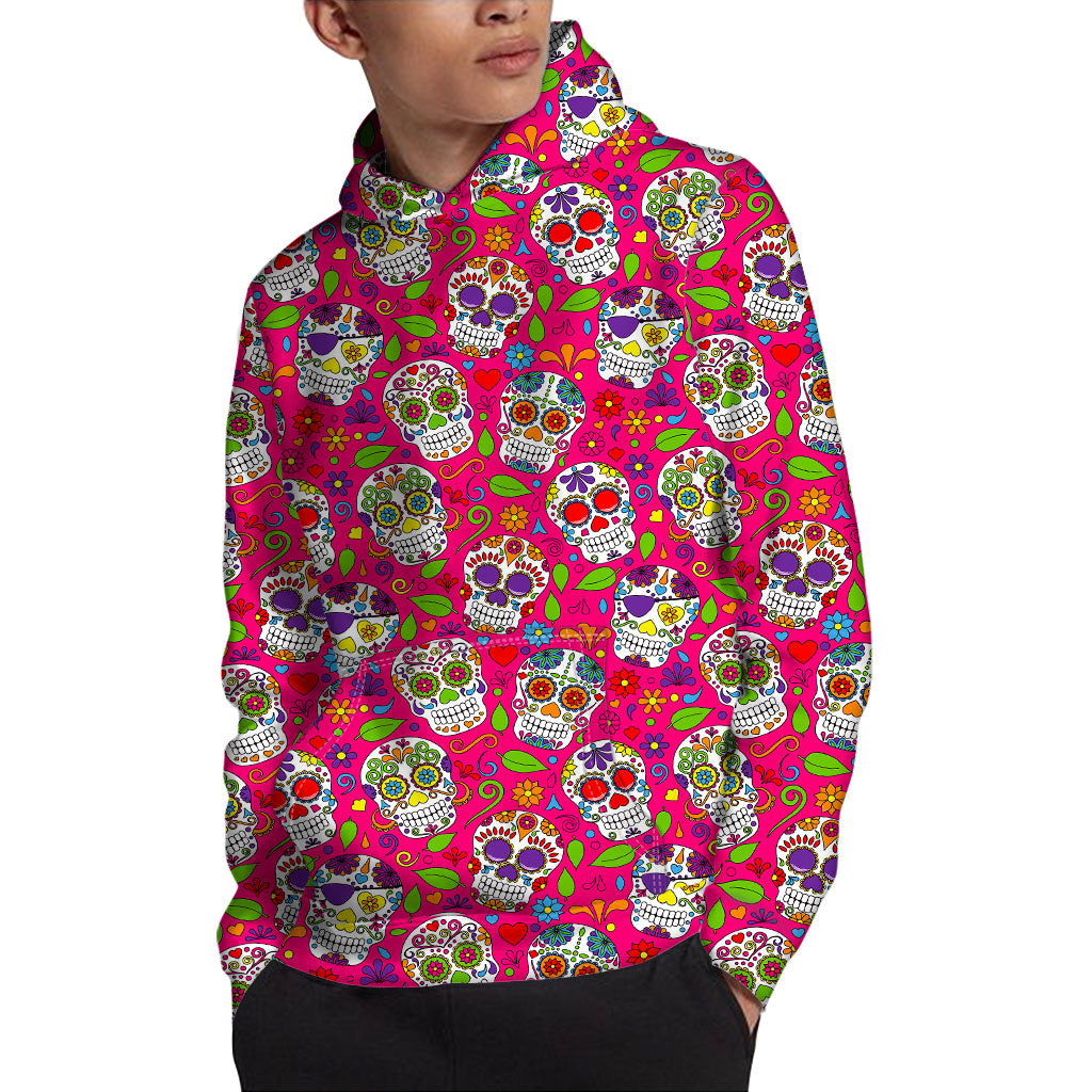 Pink Sugar Skull Pattern Print Pullover Hoodie