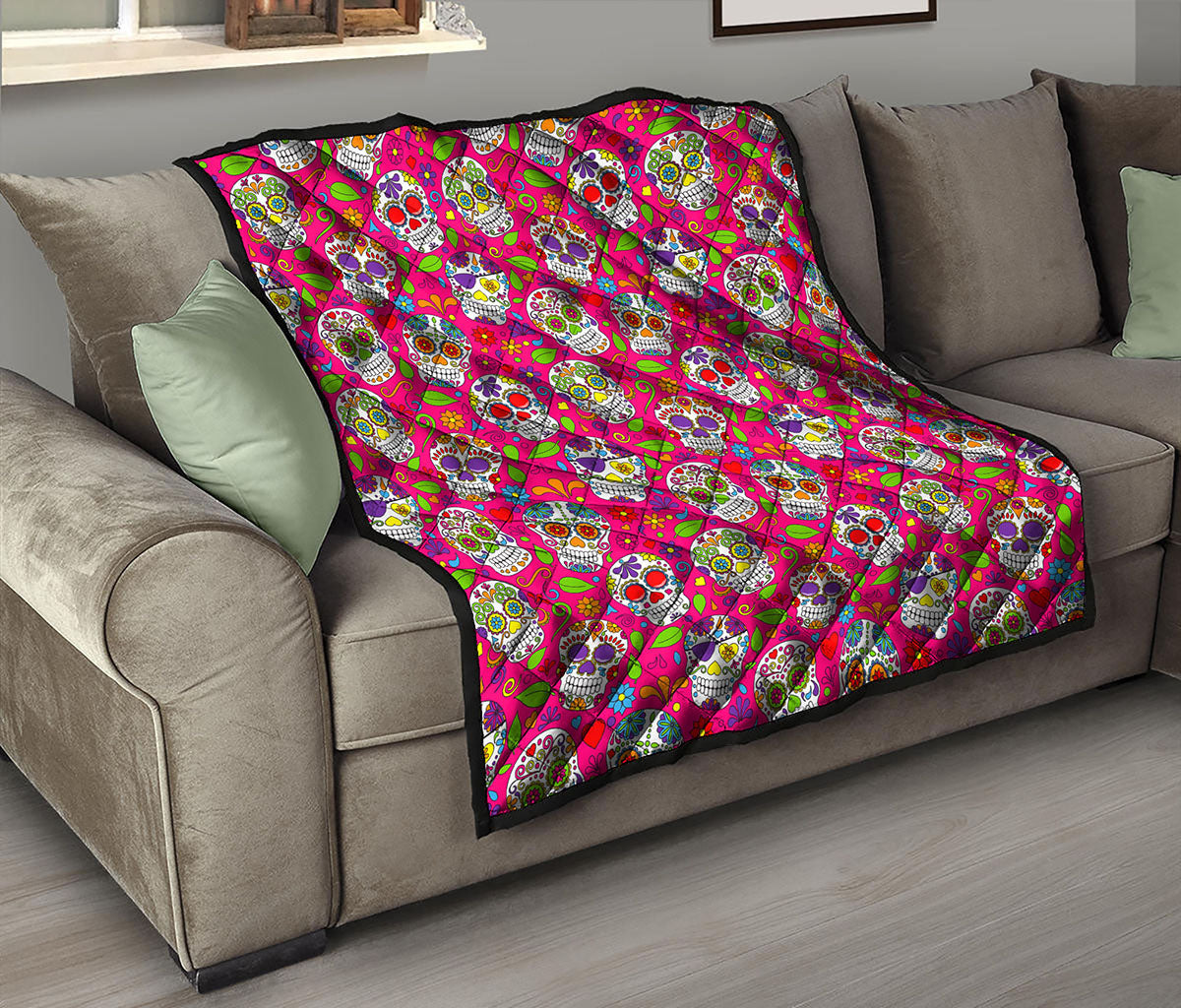 Pink Sugar Skull Pattern Print Quilt
