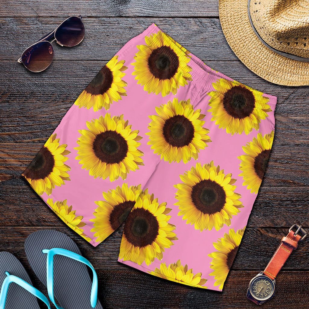 Pink Sunflower Pattern Print Men's Shorts
