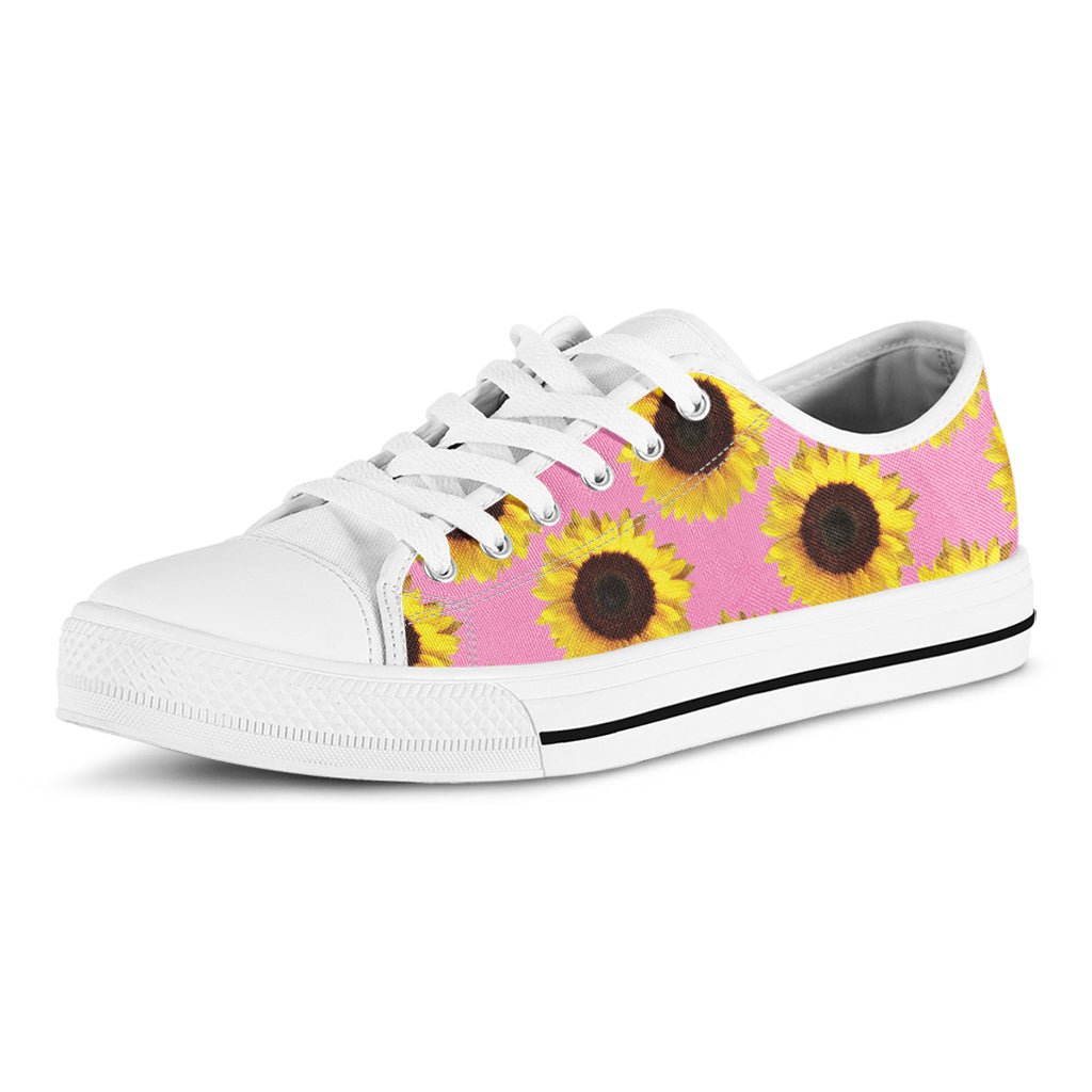 Pink Sunflower Pattern Print White Low Top Shoes