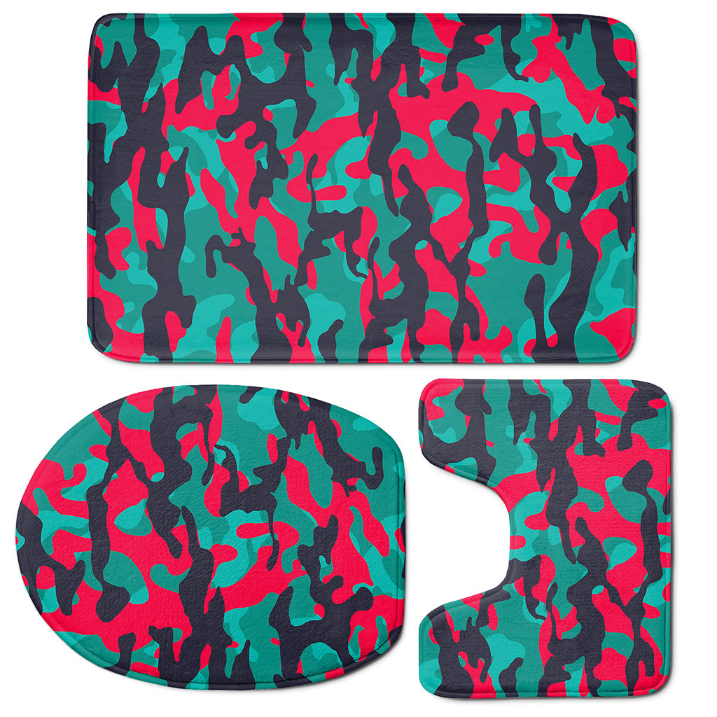 Pink Teal And Black Camouflage Print 3 Piece Bath Mat Set