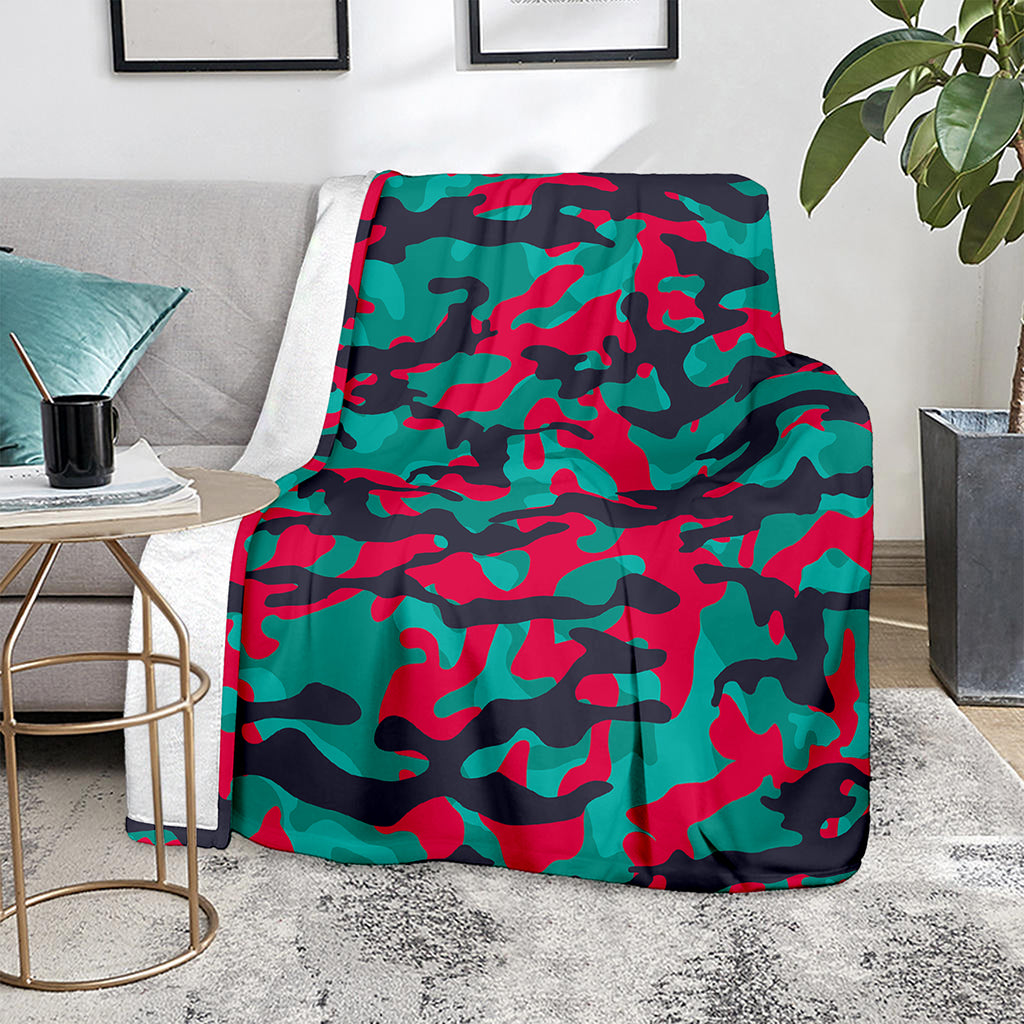 Pink Teal And Black Camouflage Print Blanket