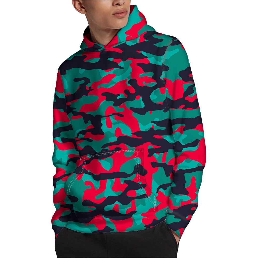 Pink Teal And Black Camouflage Print Pullover Hoodie