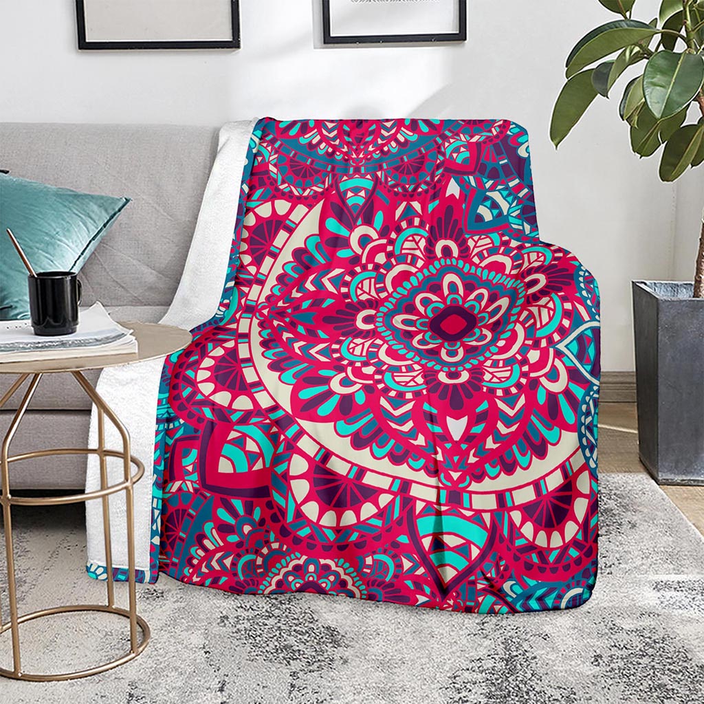 Pink Teal Bohemian Mandala Pattern Print Blanket