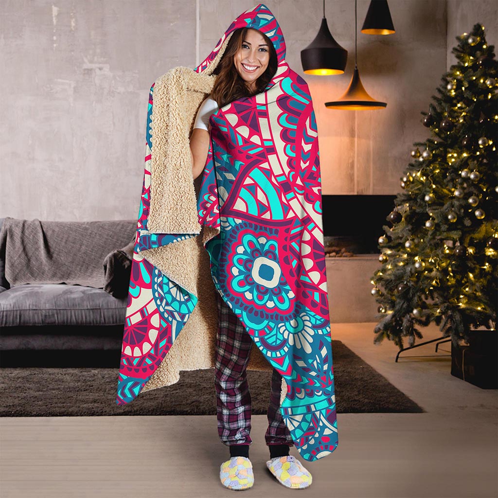 Pink Teal Bohemian Mandala Pattern Print Hooded Blanket