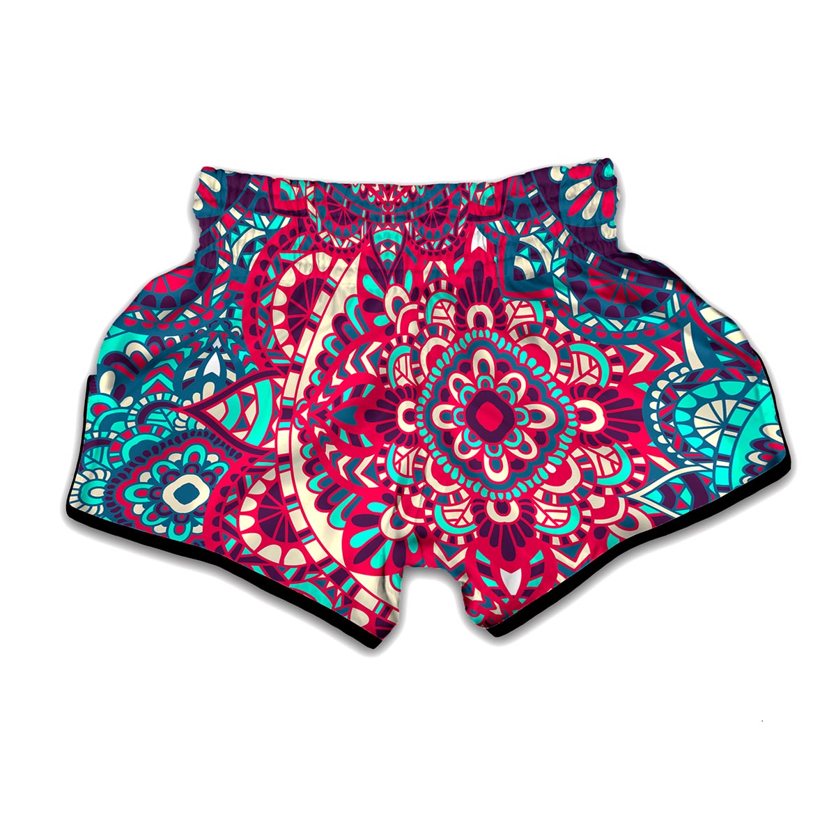 Pink Teal Bohemian Mandala Pattern Print Muay Thai Boxing Shorts
