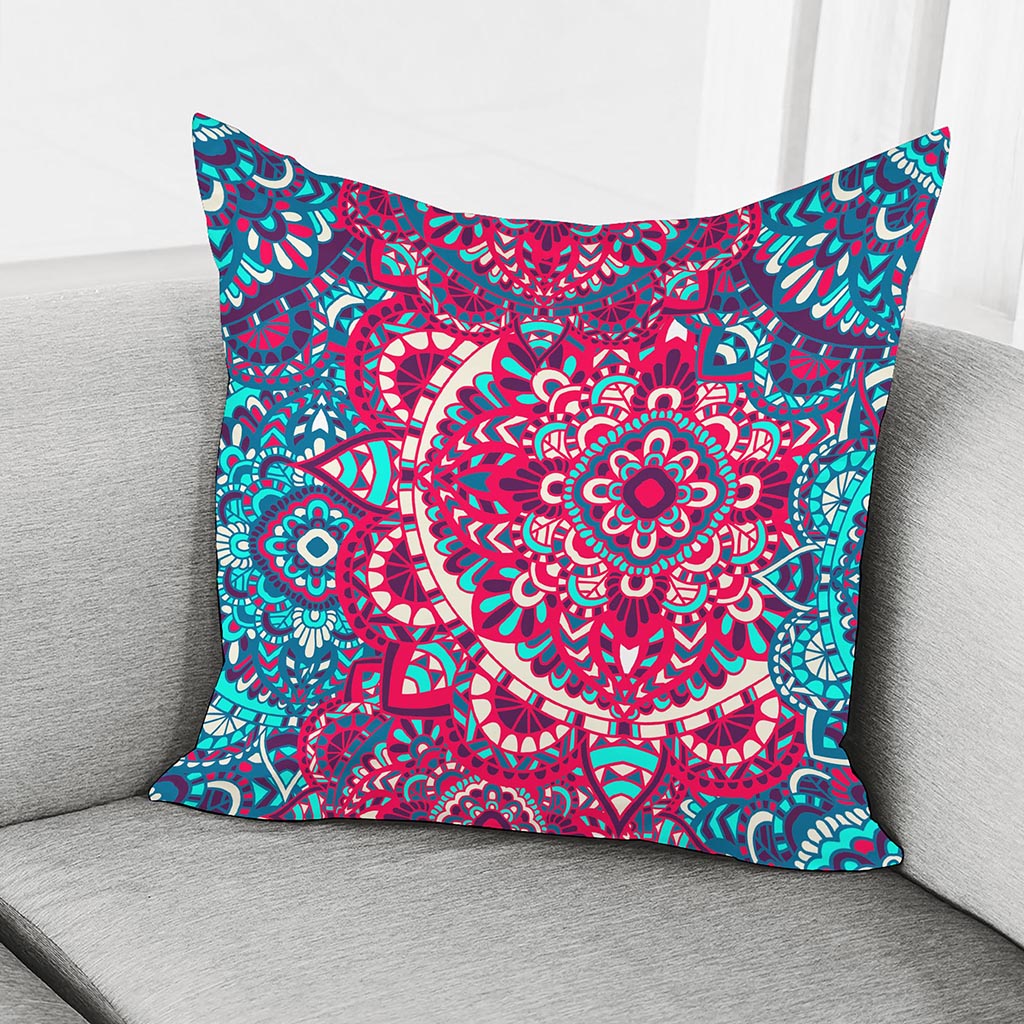 Pink Teal Bohemian Mandala Pattern Print Pillow Cover