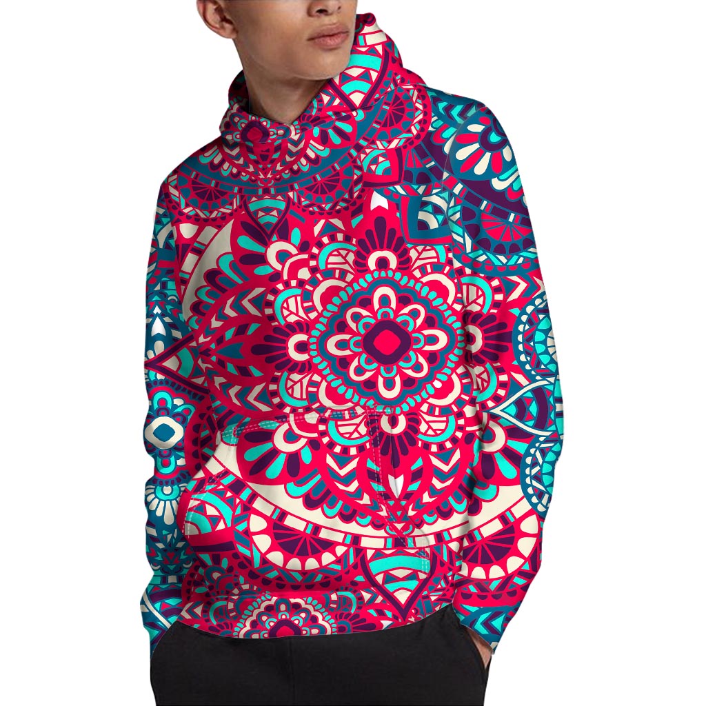Pink Teal Bohemian Mandala Pattern Print Pullover Hoodie