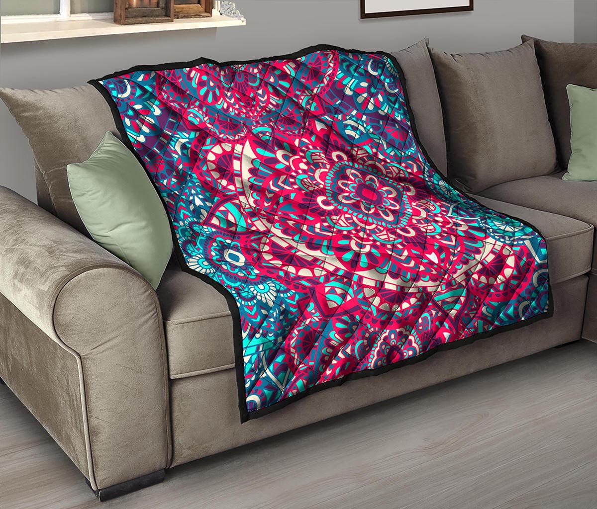Pink Teal Bohemian Mandala Pattern Print Quilt
