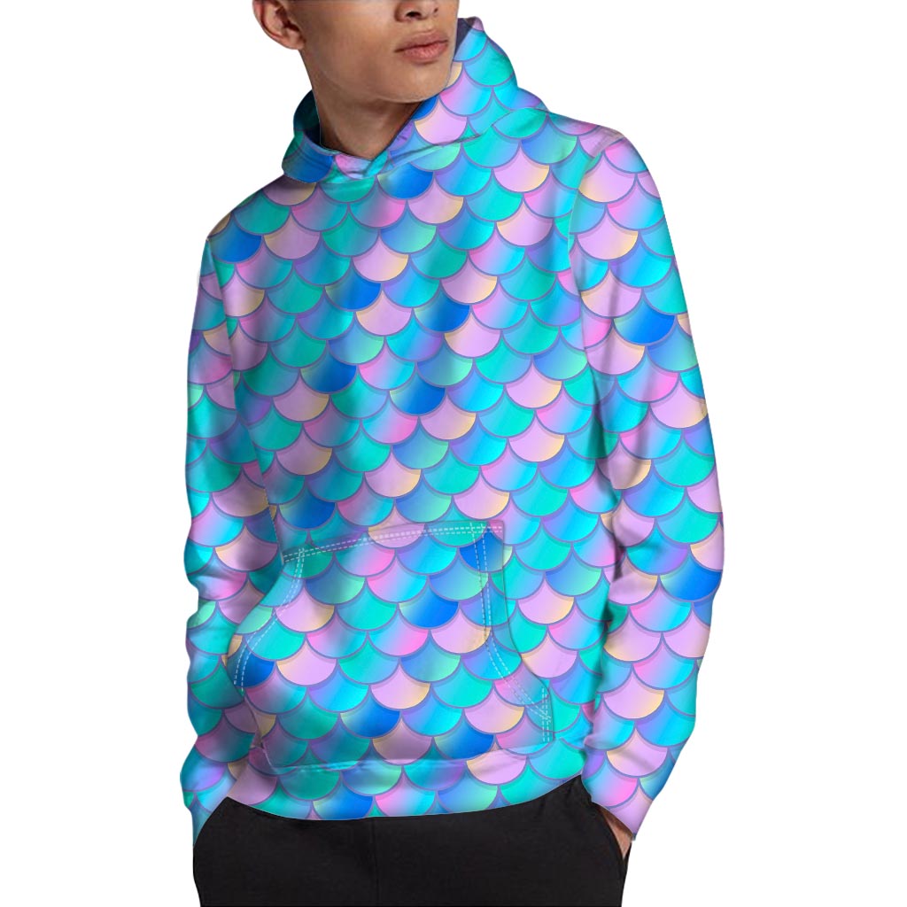 Pink Teal Mermaid Scales Pattern Print Pullover Hoodie