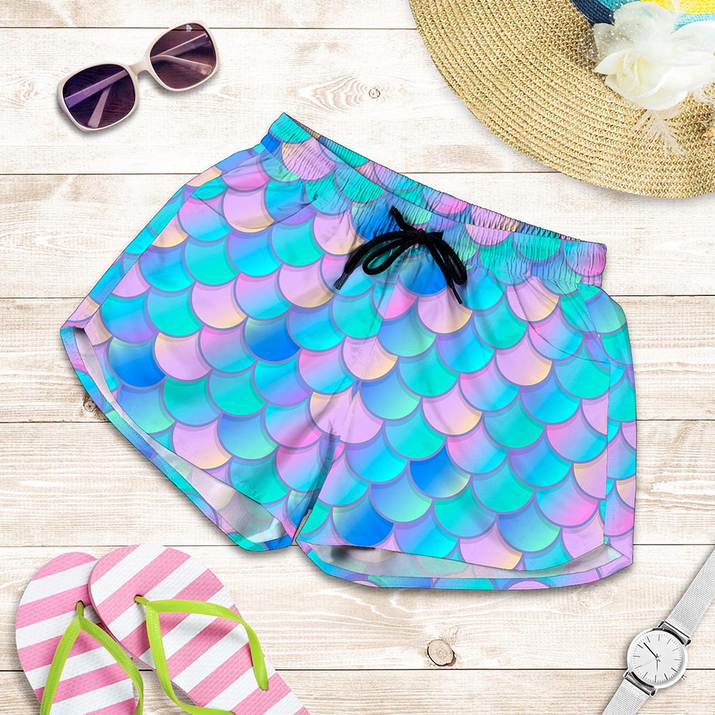 Pink Teal Mermaid Scales Pattern Print Women's Shorts