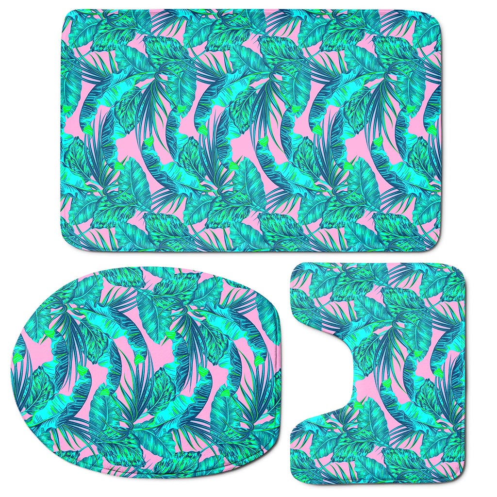 Pink Teal Tropical Leaf Pattern Print 3 Piece Bath Mat Set
