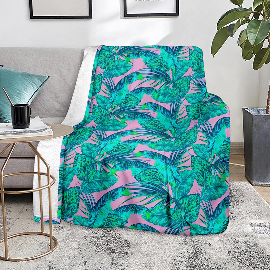 Pink Teal Tropical Leaf Pattern Print Blanket