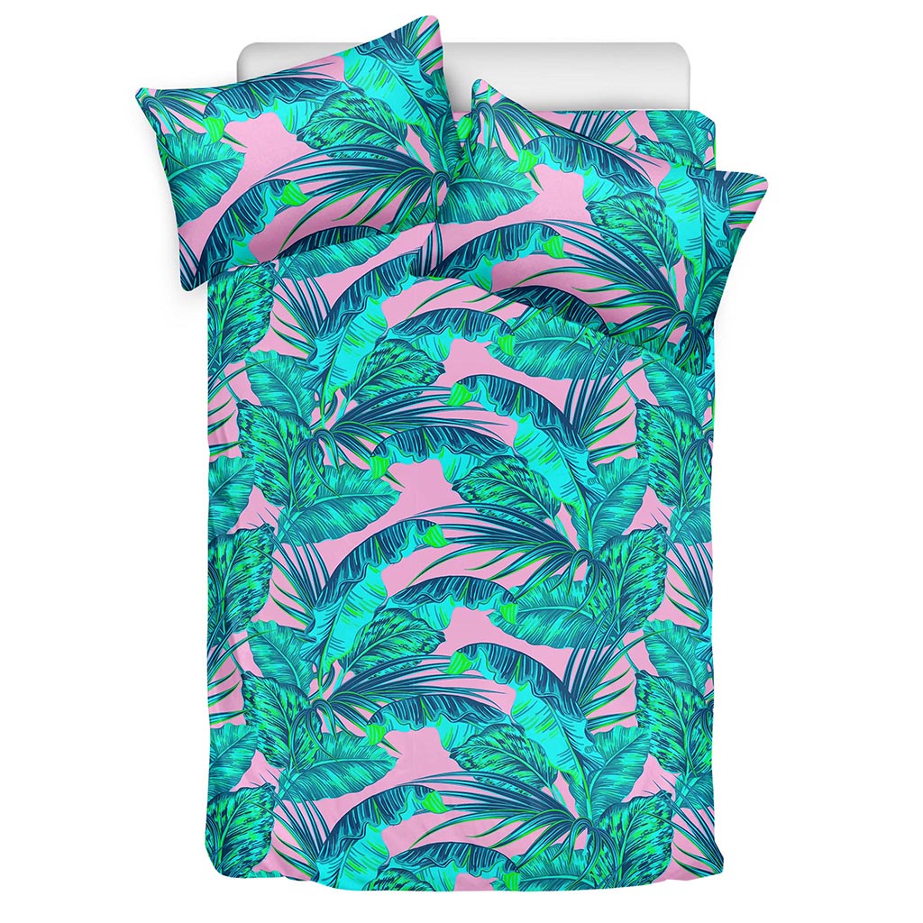 Pink Teal Tropical Leaf Pattern Print Duvet Cover Bedding Set