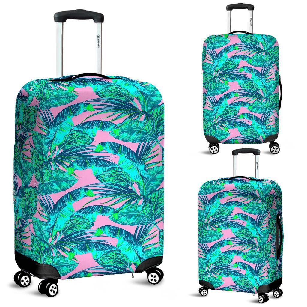 Pink Teal Tropical Leaf Pattern Print Luggage Cover GearFrost