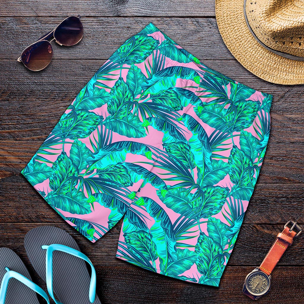 Pink Teal Tropical Leaf Pattern Print Men's Shorts