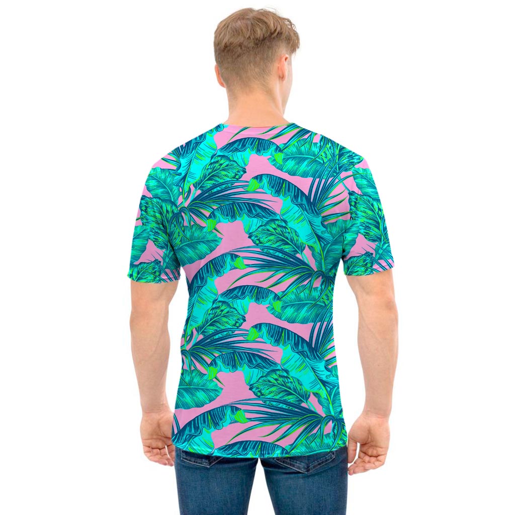 Pink Teal Tropical Leaf Pattern Print Men's T-Shirt