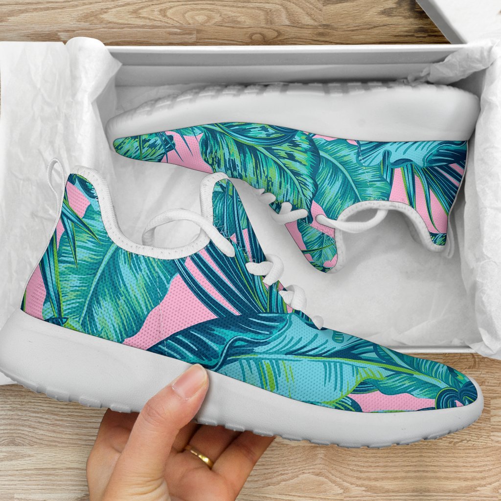 Pink Teal Tropical Leaf Pattern Print Mesh Knit Shoes GearFrost