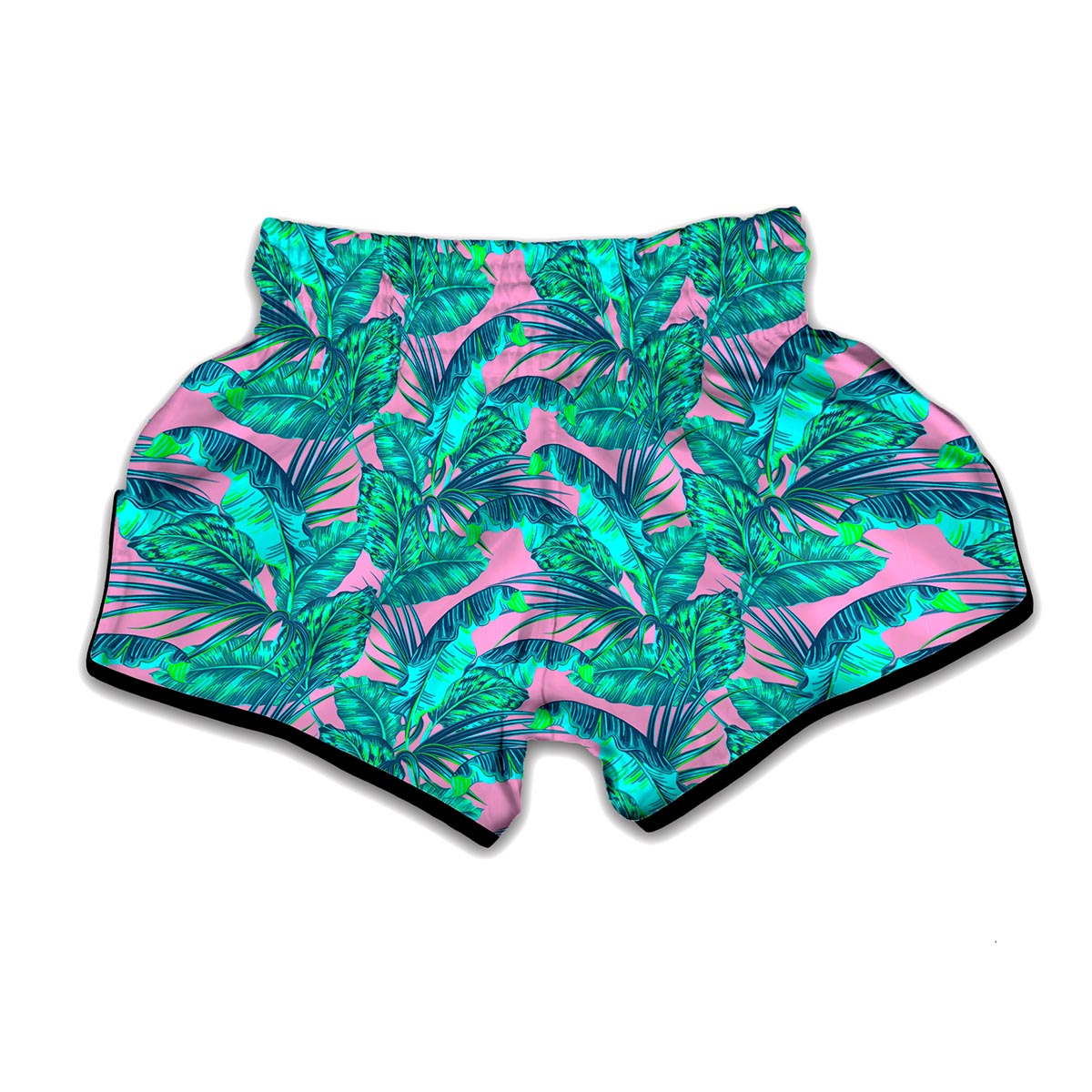 Pink Teal Tropical Leaf Pattern Print Muay Thai Boxing Shorts