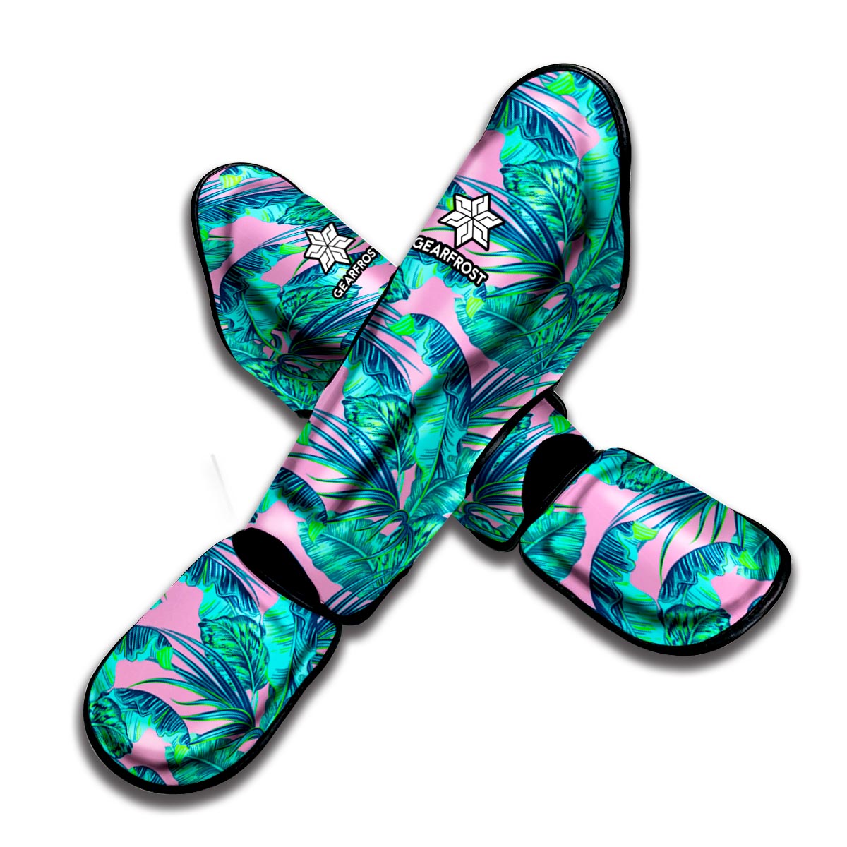 Pink Teal Tropical Leaf Pattern Print Muay Thai Shin Guard