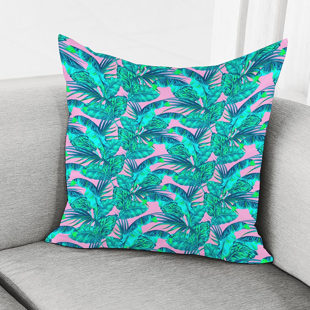 Pink Teal Tropical Leaf Pattern Print Pillow Cover
