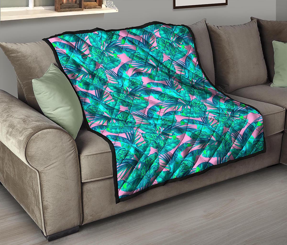 Pink Teal Tropical Leaf Pattern Print Quilt